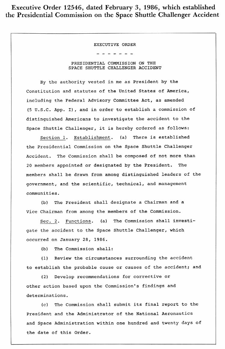 Executive Order 12546, dated February 3, 1986, which established the Presidential Commission on the Space Shuttle Challenger Accident.