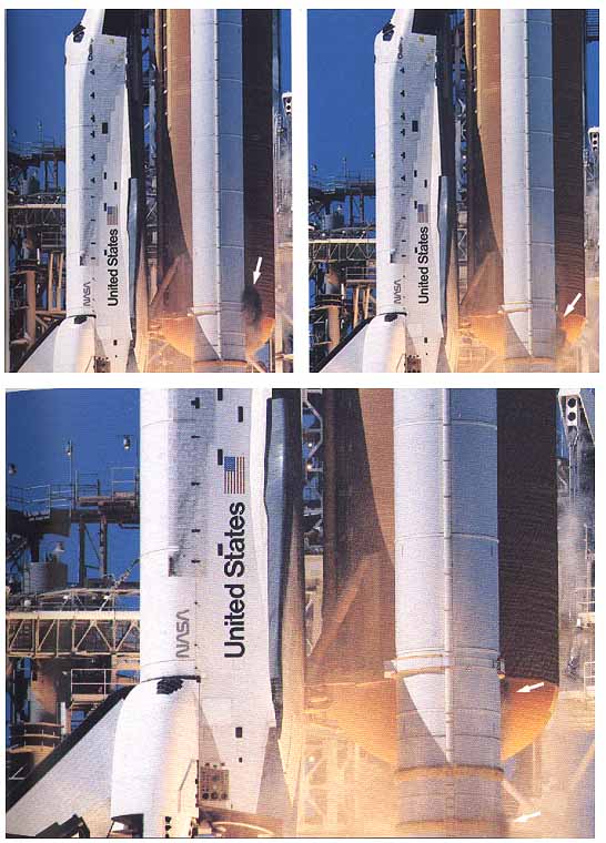 Immediately after solid rocket motor ignition, dark smoke (arrows) swirled out between the right hand booster and the External Tank. The smoke's origin, behavior and duration was approximated by visual analysis and computer enhancement of film from five camera locations. Consensus: smoke was first discernible at .678 seconds Mission Elapsed Time in the vicinity of the right booster's aft field joint.