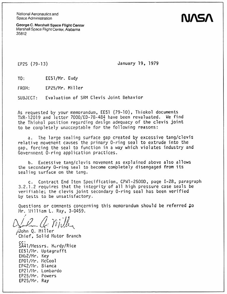 This memorandum, also written by Leon Ray and signed by John Q. Miller, strongly questions the clevis joint design. It is the earliest known official document which questions the redundancy of the seal.