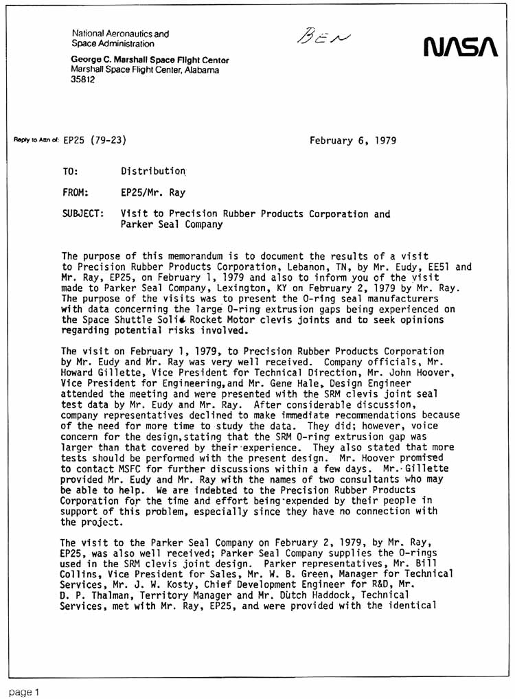This Leon Ray memorandum documents his visits to two O-ring manufacturers, both of whom expressed concern relative to the O-ring performing properly in the joint design.