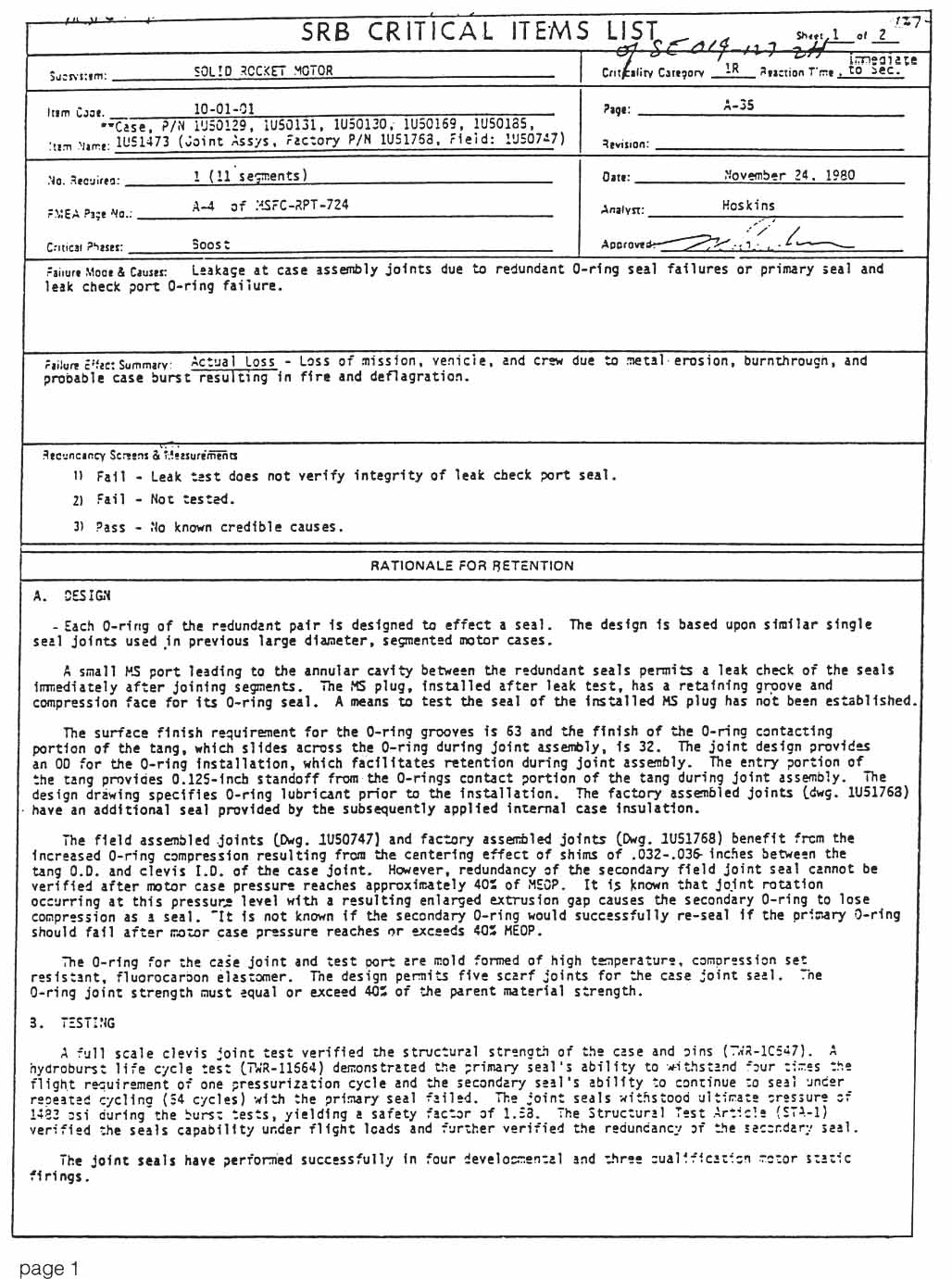 This original Critical Items List entry for the Solid Rocket Motor case joint seals establishes them as Critically 1R (redundant).