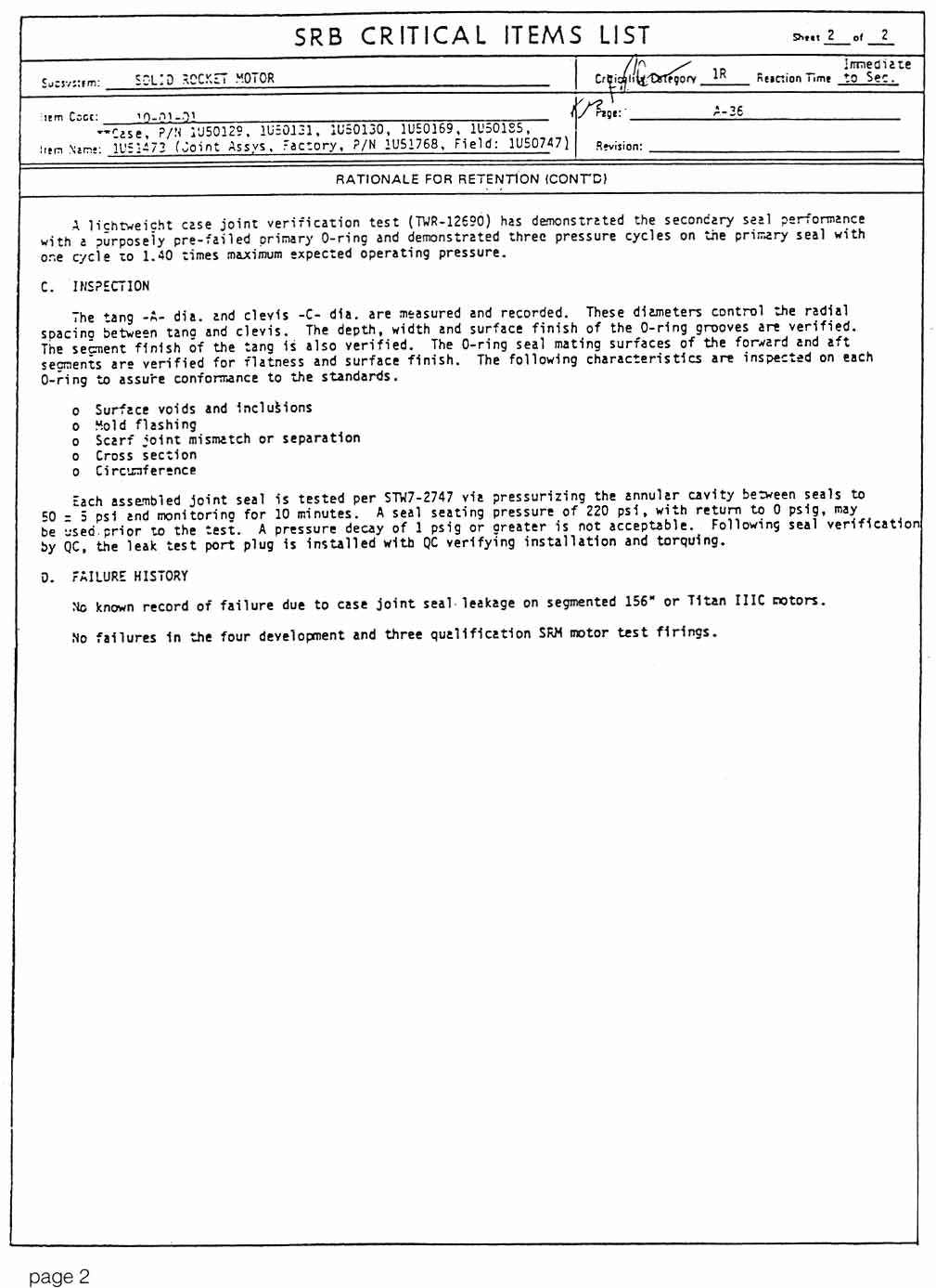 This original Critical Items List entry for the Solid Rocket Motor case joint seals establishes them as Critically 1R (redundant).