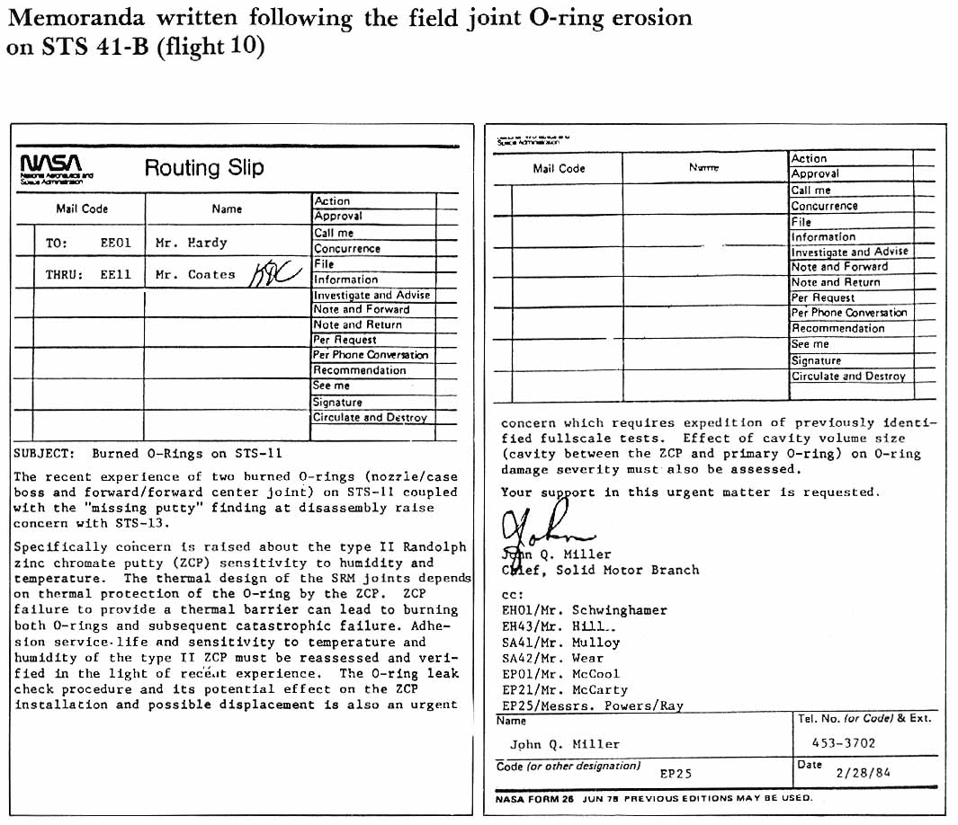 This internal Marshall note was written by John W. Miller after the O-ring erosion experience on STS 41-B (flight 10), indicating concern that the leak check procedures may displace putty ( blow-holes 