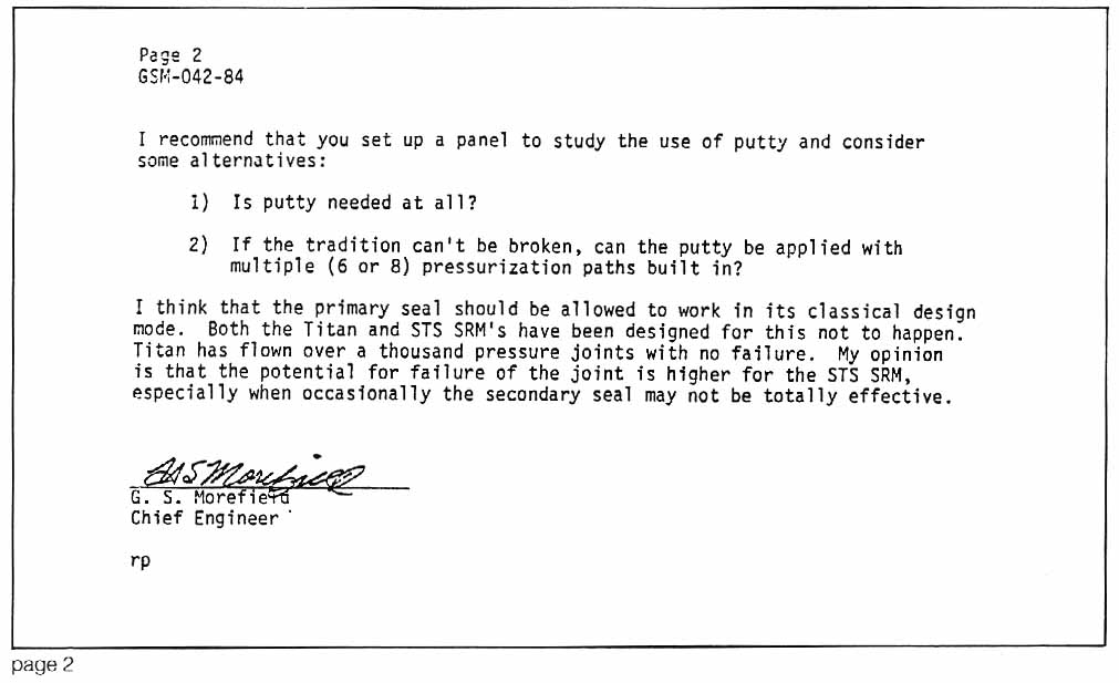 In this memorandum to Lawrence Mulloy, George Morefield compares the Titan joint with the Shuttle joint and assesses a higher failure probability for the shuttle joint, indicating concern that putty may cause single point pressurization 