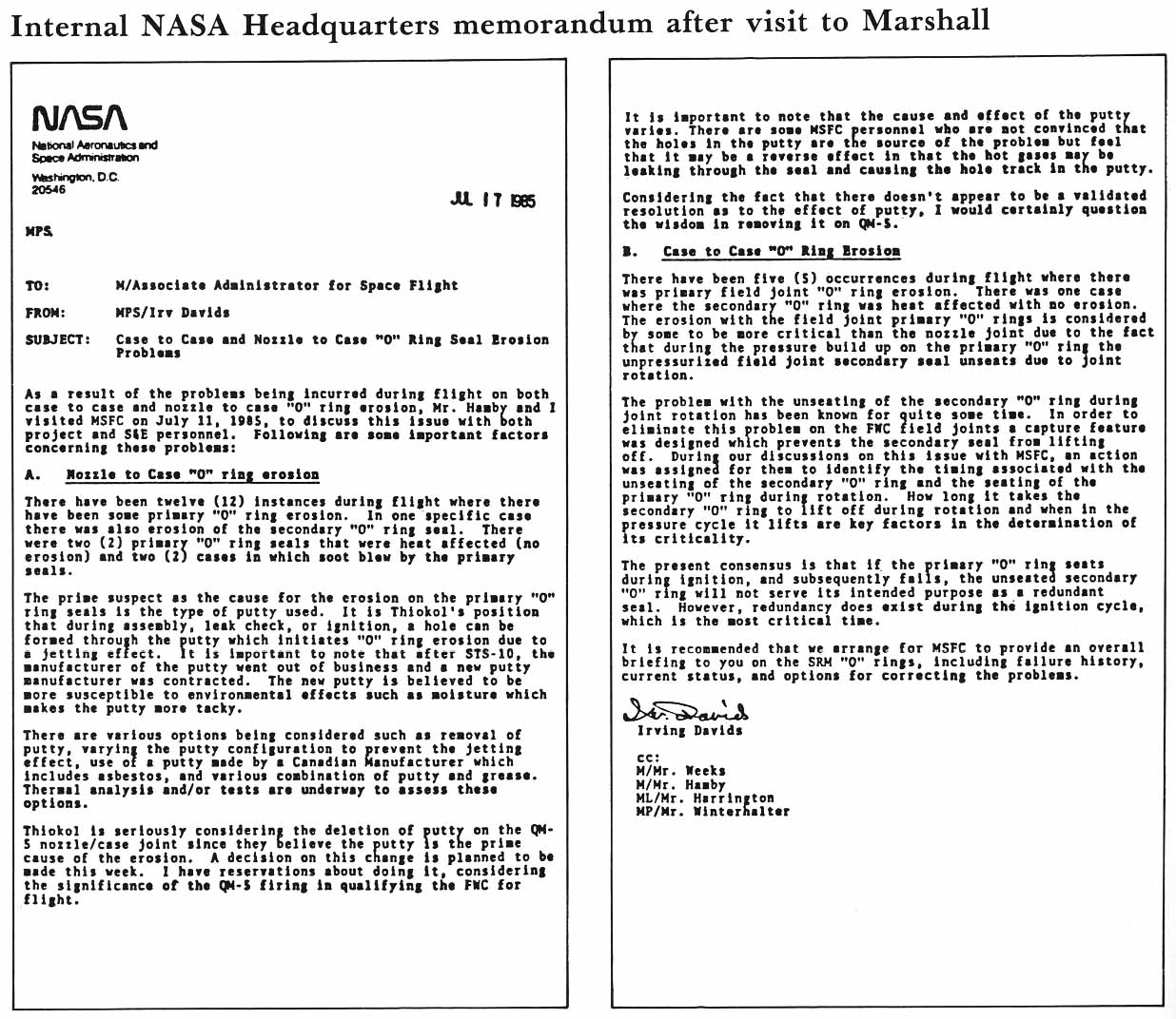 This memorandum to Level I describes a visit to Marshall by Irving Davids of NASA Headquarters. Davids' visit was prompted by the nozzle O-ring problems suffered on STS 51-B (flight 17).