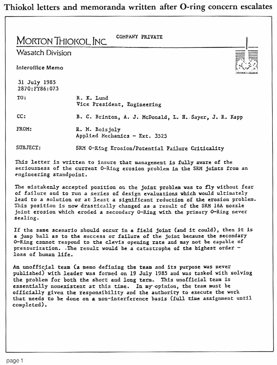 Roger Boisjoily's first attempt after STS 51-B (flight 17) to convince his management of the seriousness of the O-ring erosion problem.