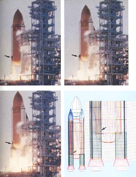 Multiple smoke puffs are visible in the photo above (arrows). They began at .836 seconds and continued through 2.500 seconds, occurring about 4 times a second. Upward motion of the vehicle caused the smoke to drift downward and blur into a single cloud. Smoke source is shown in the computer generated drawing (far right).