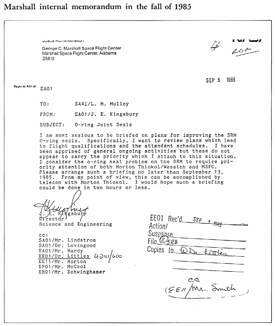 In this memorandum, J. E. Kingsbury informs Lawrence Mulloy that he places high priority on the O-ring seal problem and desires additional information on plans for improving the situation.