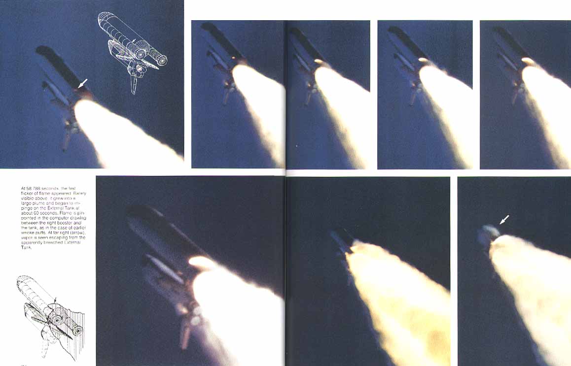 At 58.788 seconds, the first flicker of flame appeared. Barely visible above, it grew into a large plume and began to impinge on the External Tank at about 60 seconds. Flame is pinpointed in the computer drawing between the right booster and the tank, as in the case of earlier smoke puffs. At far right (arrow), vapor is seen escaping from the apparently breached External Tank.