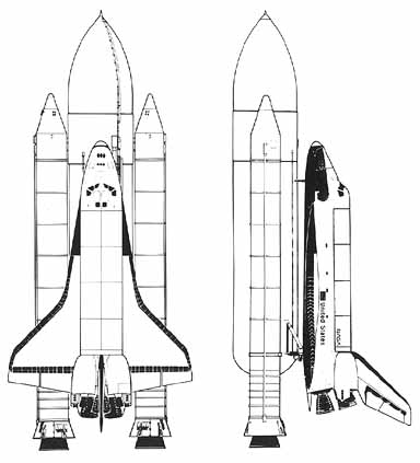 Artist's drawing depicts Space Shuttle stacked for launch in view from dorsal side of Orbiter (left) and from the left side of the stack.