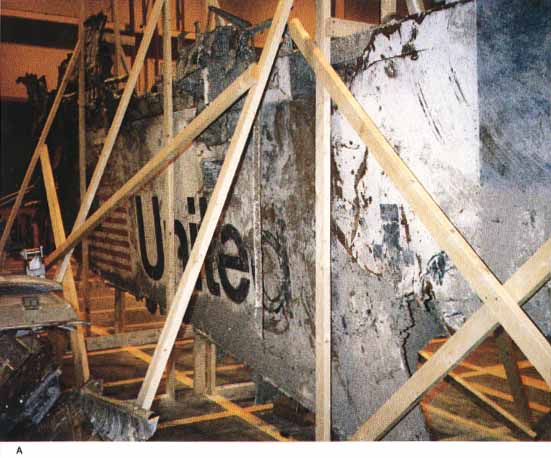 Photo A: The upper photos show, from left to right, the left side of the orbiter (unburned), the right lower and upper rudder speed brake (both burned damaged) and left upper seed brake (unburned), confirmation that the fire was on the right side of the Shuttle stack. 