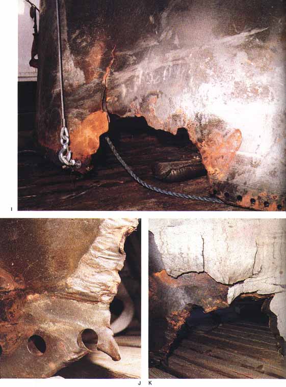 Photos I, J & K [clockwise]

: Examined at Kennedy Space Center after their recovery from the ocean, these fragments show the extent of burn through the right hand booster's aft field joint. On the left page are sections of the aft center motor above the joint. On the right page are sections (inverted) of the aft motor segment showing burn-hole below the joint (bracket). Except for the interior views on lower left, the camera is viewing the parts from outside the casing.