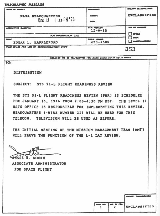 The NASA Asscociate Administrator for Space Flight issued this notice of scheduling of the Flight Readiness Review for mission 51-L.