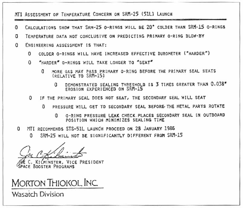 Copy of telefax sent Kennedy and Marshall centers by Thiokol detailing the company's final position on the January 28 launch of mission 51-L.