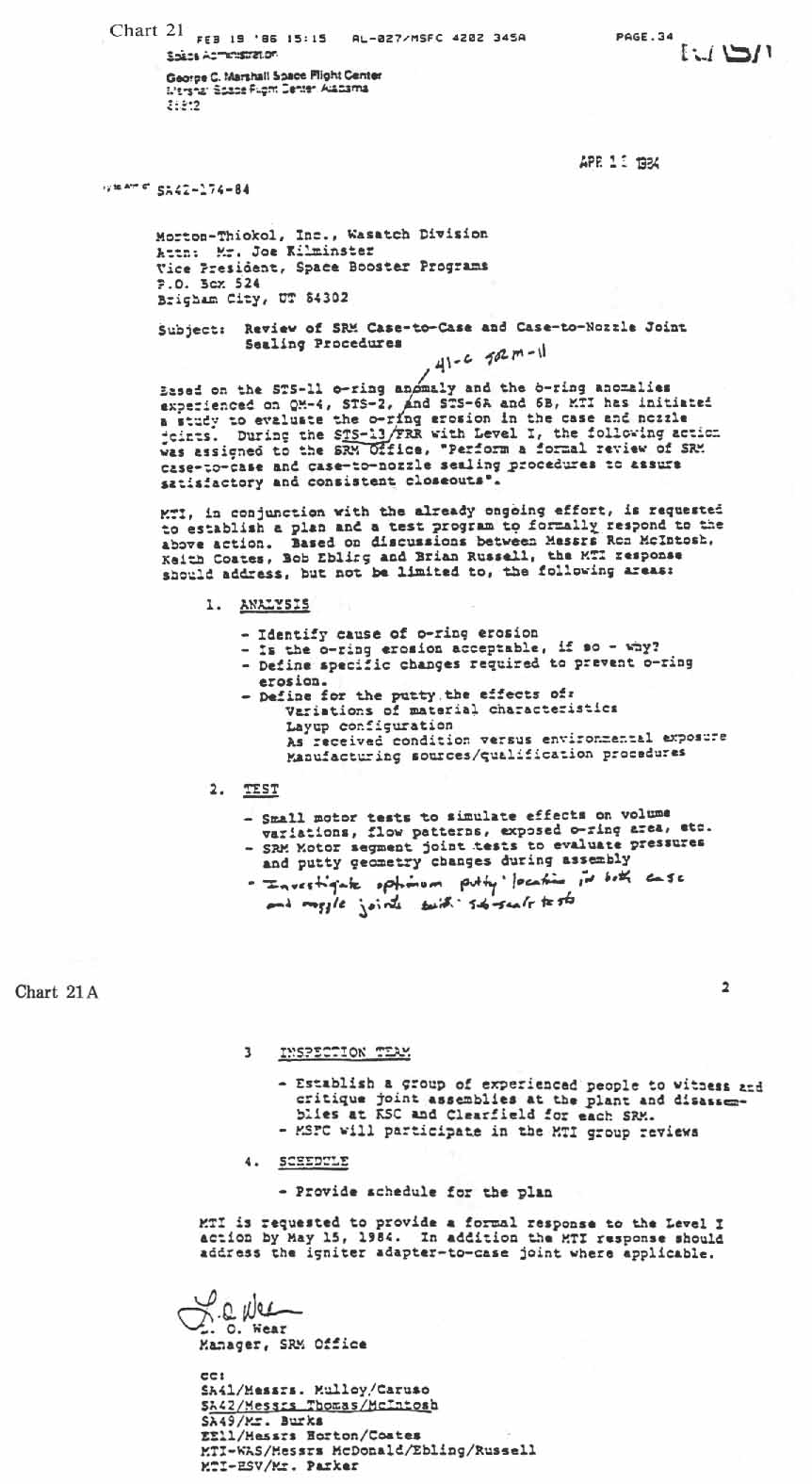 charts 21-21A [Chart 21: Letter from L.O. Wear to Joe Kilminster. Date: April 1984. Subject: Review of SRM Case-to-Case and Case-to-Nozzle Joint Sealing Procedures; Chart 21A: Letter from L.O. Wear to Joe Kilminster. Date: April 1984. Subject: Review of SRM Case-to-Case and Case-to-Nozzle Joint Sealing Procedures-continued]