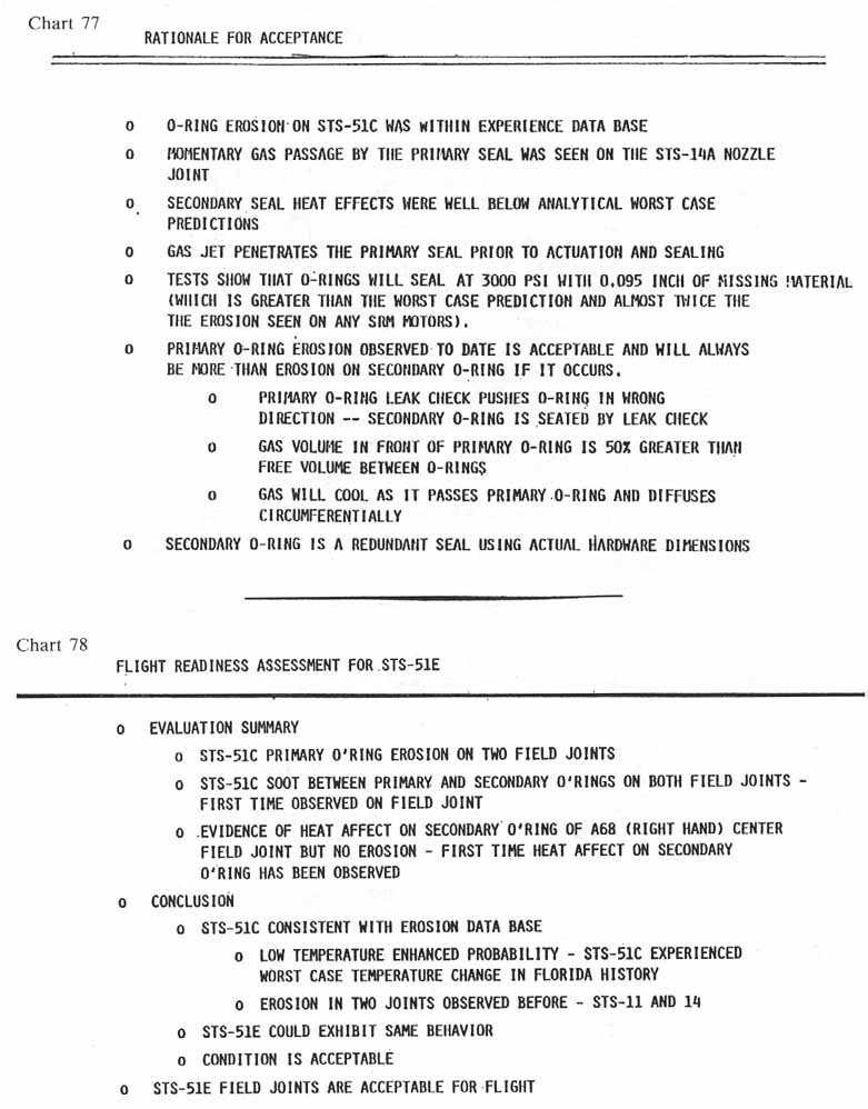 charts 77-78 [Chart 77: Rationale for acceptance; Chart 78: Flight readiness assessment for STS-51E]