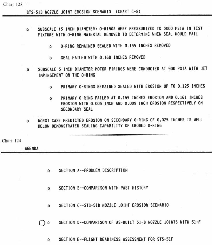 charts 123-124 [Chart 123: STS-51B nozzle joint erosion scenario (Chart C-8); Chart 124: Agenda]