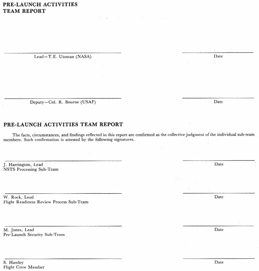 signature page of members of the pre-launch activities team report