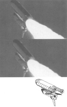 Figure 46. Camera E207 at 59.087 MET (top) and 59.112 MET (Bottom) and Hidden-Line CAD Drawing with Plume location indicated (right).