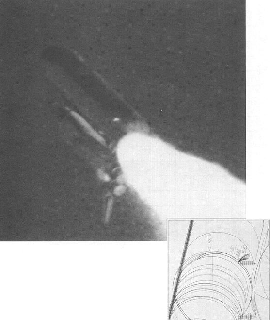 Figure 52. Camera E207 at 59.262 MET (above) and Wire-Frame CAD Drawing (Right).