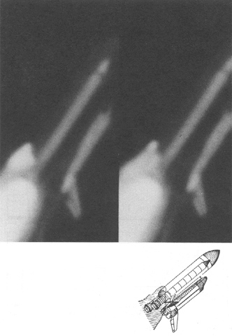 Figure 63. Camera E204, Left Photo at 64.637 MET, Right Photo at 64.660 MET and Annotated CAD Drawing (lower right).