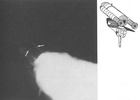 Figure 75. Camera E207 at 73.137 MET (above) and Annonated CAD Drawing (right).