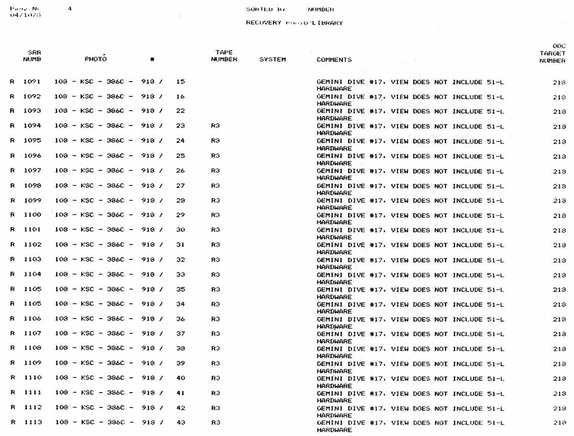 This Appendix C is a list of all Recovery Photographs logged into the data base as of close of business, May 5, 1986.