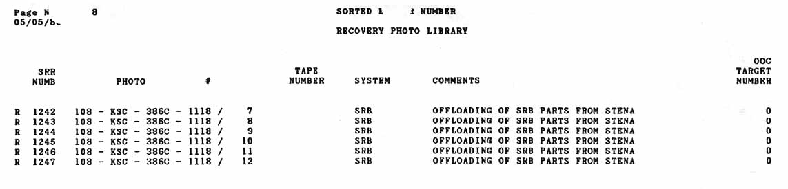 This Appendix C is a list of all Recovery Photographs logged into the data base as of close of business, May 5, 1986.