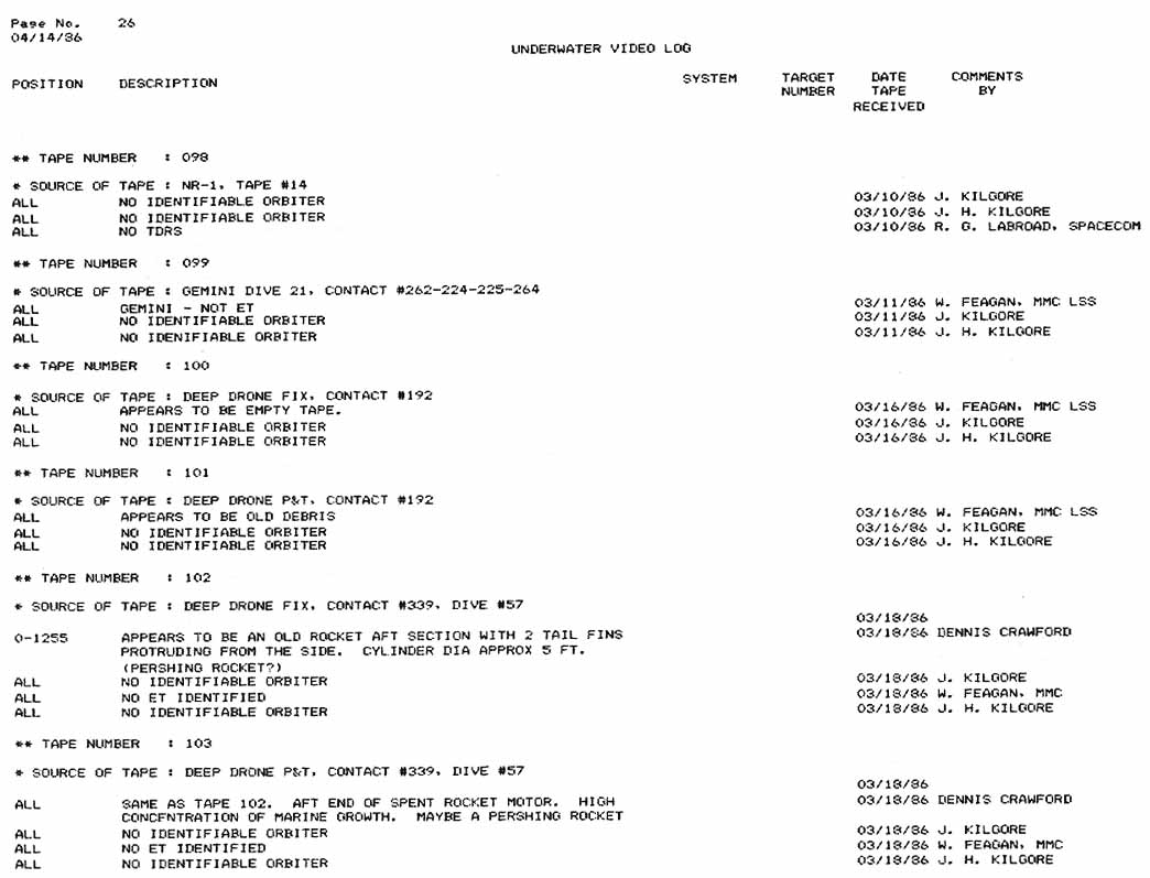 This Appendix D is a list of all Underwater Search Video Tapes logged into the data base as of close of business, May 5, 1986.