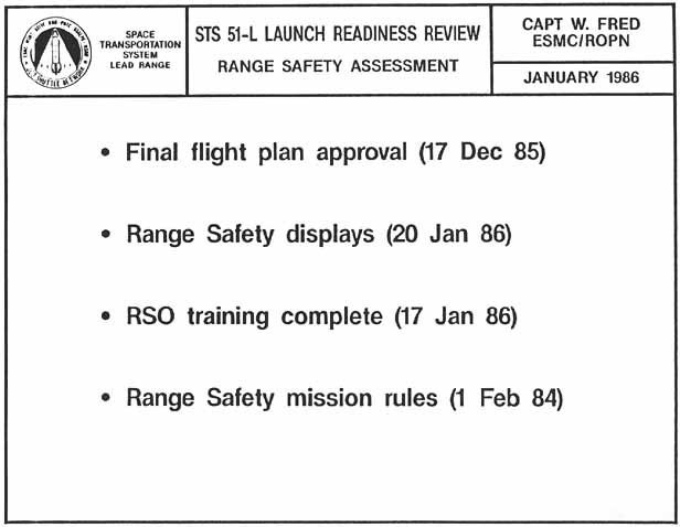 STS 51-L Launch Readiness Review: Range Safery Assessmnet. Capt. Walter E. Fred, Program Support Manager, ESMC/ROPN.