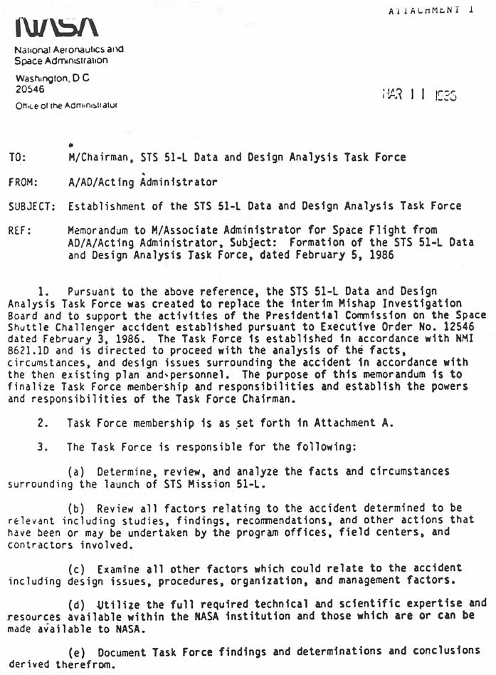 Letter. [To: M/Chairman, STS 51-L Data and Design Analysis Task Force; From: A/AD/Acting Administrator; Subject: Establishment of the STS 51-L Data and Design Analysis Task Force]