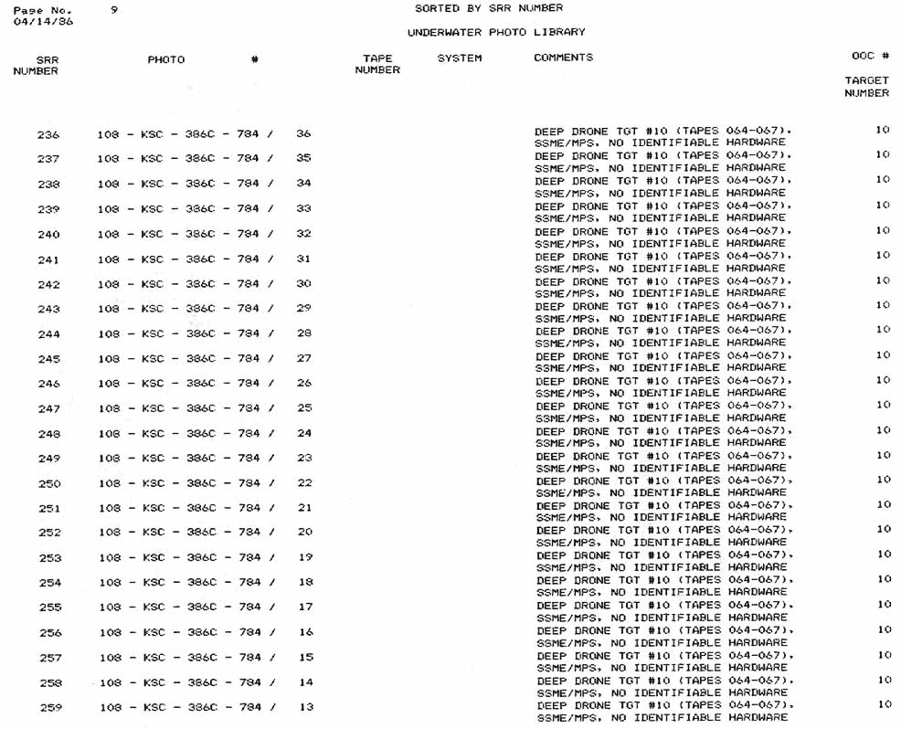 This Appendix B is a list of all Underwater Search Photographs logged into the data base as of close of business, May 5, 1986.