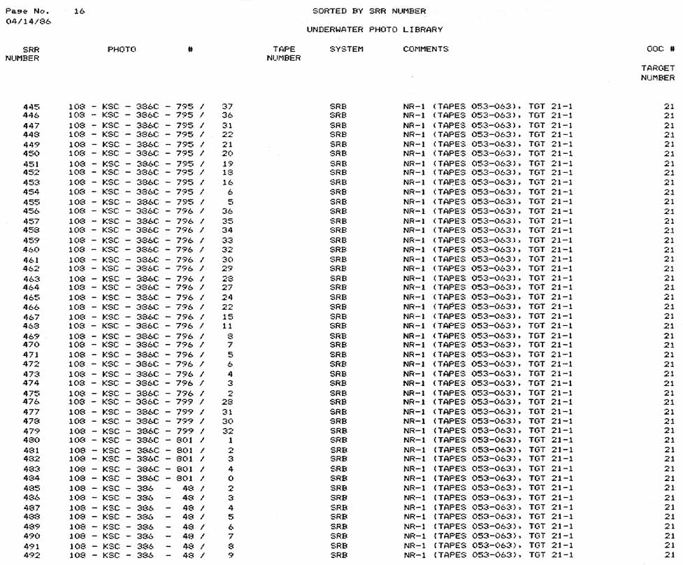 This Appendix B is a list of all Underwater Search Photographs logged into the data base as of close of business, May 5, 1986.