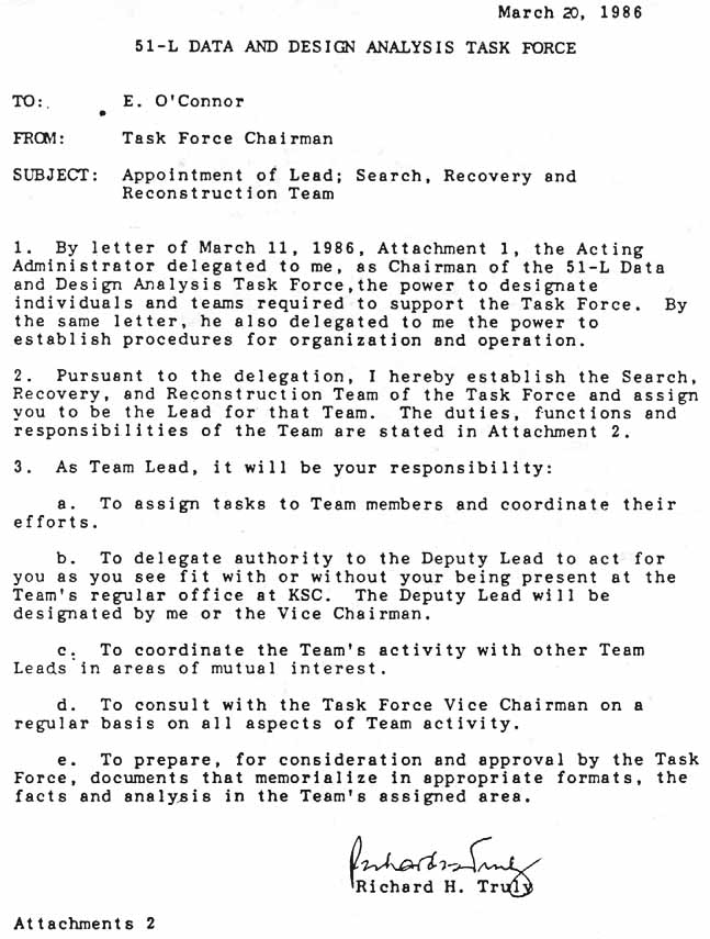 Letter. 51-L DATA AND DESIGN ANALYSIS TASK FORCE [To: E. O'Connor; From: Task Force Chairman; Subject: Appointment of Lead; Search, Recovery and Reconstruction Team]