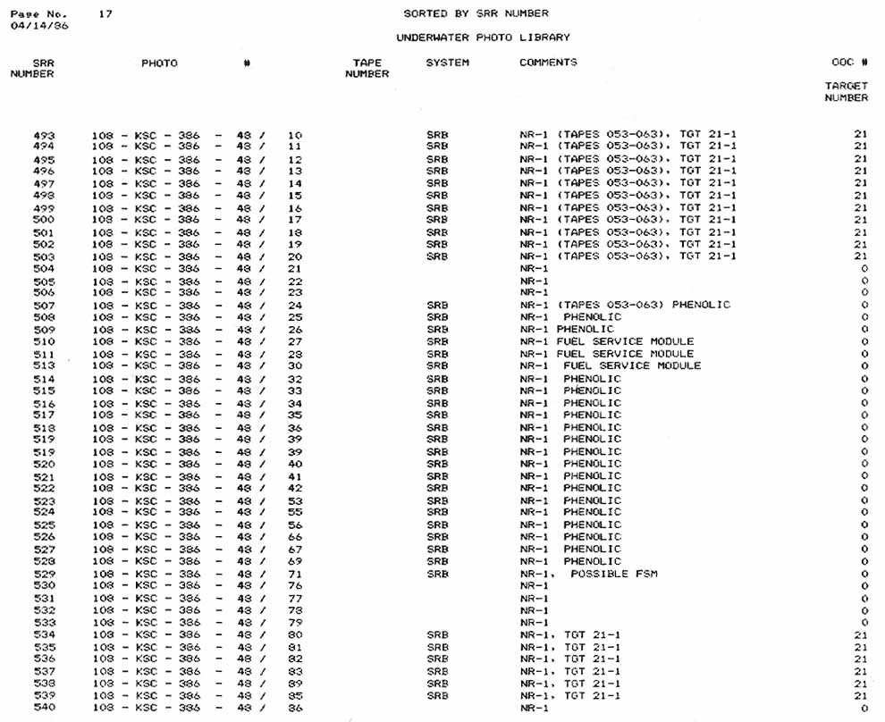 This Appendix B is a list of all Underwater Search Photographs logged into the data base as of close of business, May 5, 1986.