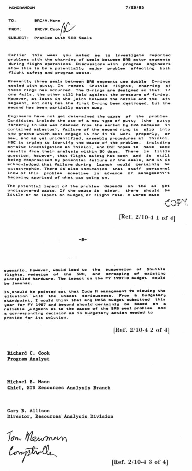 MEMO: PROBLEM WITH SRB SEALS.