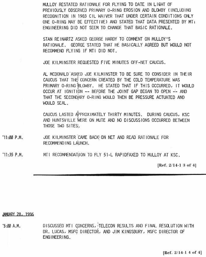 [Chronological events recalled by Larry Mulloy- January 27-28, 1986]