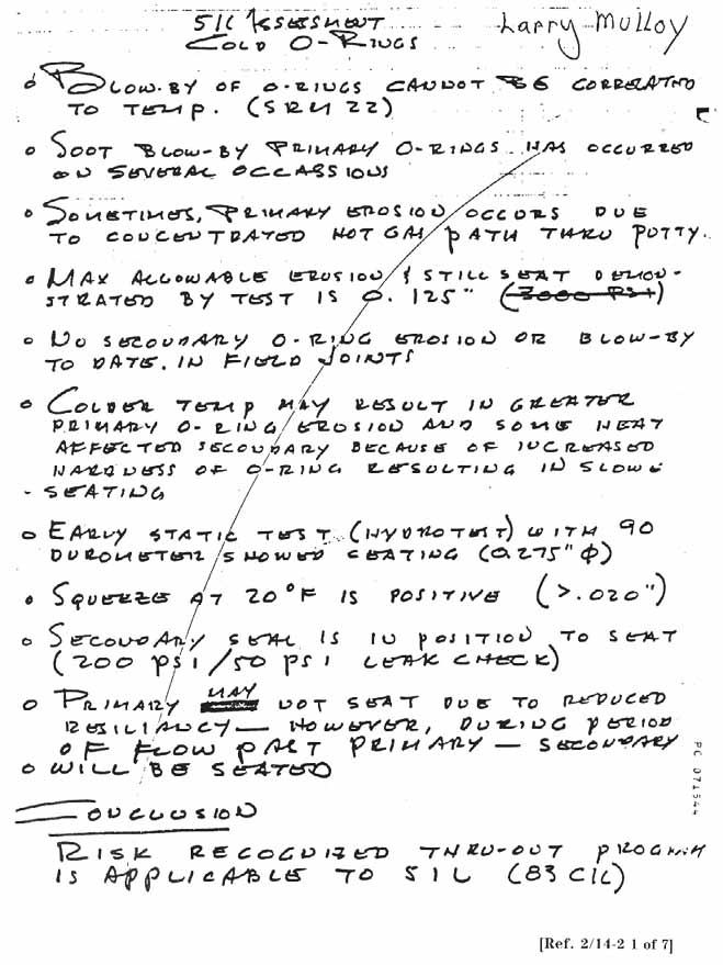Larry Mulloy's handwritten note regarding 51-L assessment of cold o-rings.