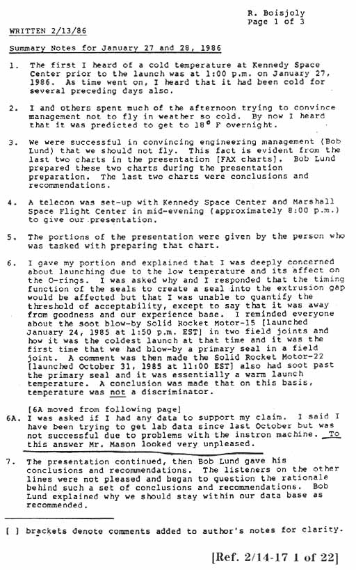 Summary Notes (typed) for January 27 and 28, 1986. Written 2/13/86 by R. Boisjoly.