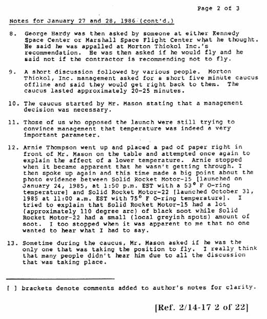 Summary Notes (typed) for January 27 and 28, 1986. Written 2/13/86 by R. Boisjoly.