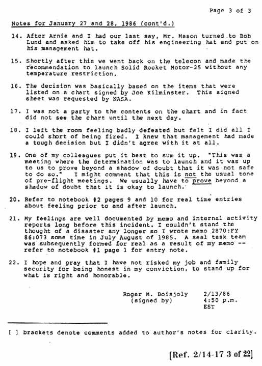 Summary Notes (typed) for January 27 and 28, 1986. Written 2/13/86 by R. Boisjoly.