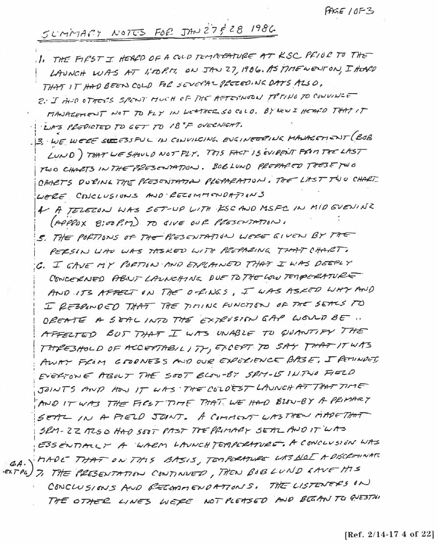 Summary Notes (handwritten) for January 27 and 28, 1986. Written 2/13/86 by R. Boisjoly.
