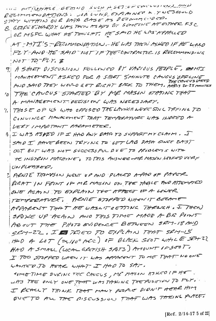 Summary Notes (handwritten) for January 27 and 28, 1986. Written 2/13/86 by R. Boisjoly.