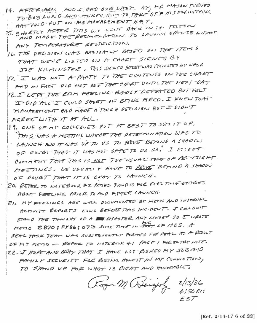 Summary Notes (handwritten) for January 27 and 28, 1986. Written 2/13/86 by R. Boisjoly.