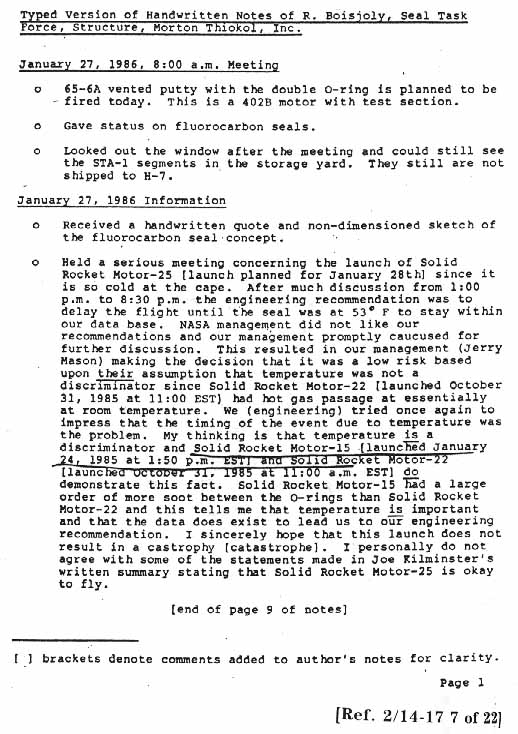 Typed Version of Handwritten Notes of R. Boisjoly, Seal Task Force, Structure, Morton Thiokol, Inc. 