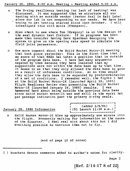 Typed Version of Handwritten Notes of R. Boisjoly, Seal Task Force, Structure, Morton Thiokol, Inc. 