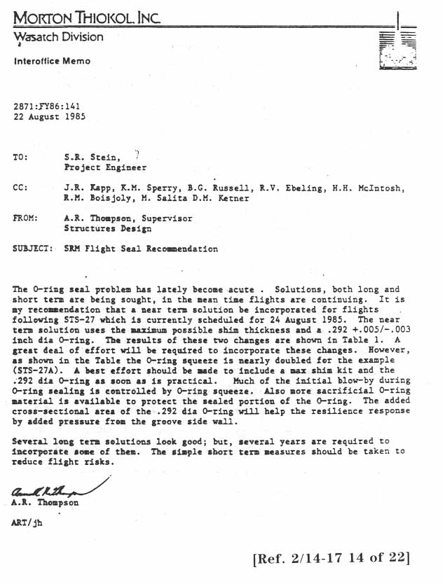 Interoffice Memo, Morton Thiokol, Inc.; From: A.R. Thompson to S.R. Stein. Subject: SRM Flight Seal Recommendation.