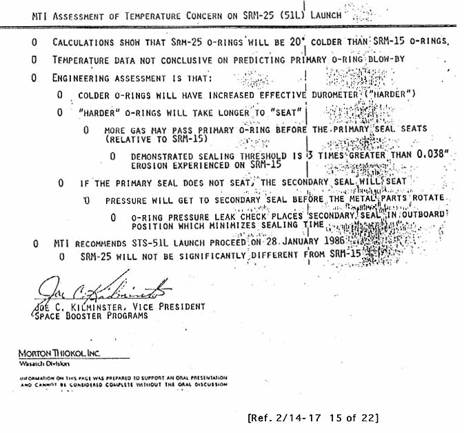 MTI Assessment of temperature concern on SRM-25 (51-L) launch. Signed: Joe Kilminster