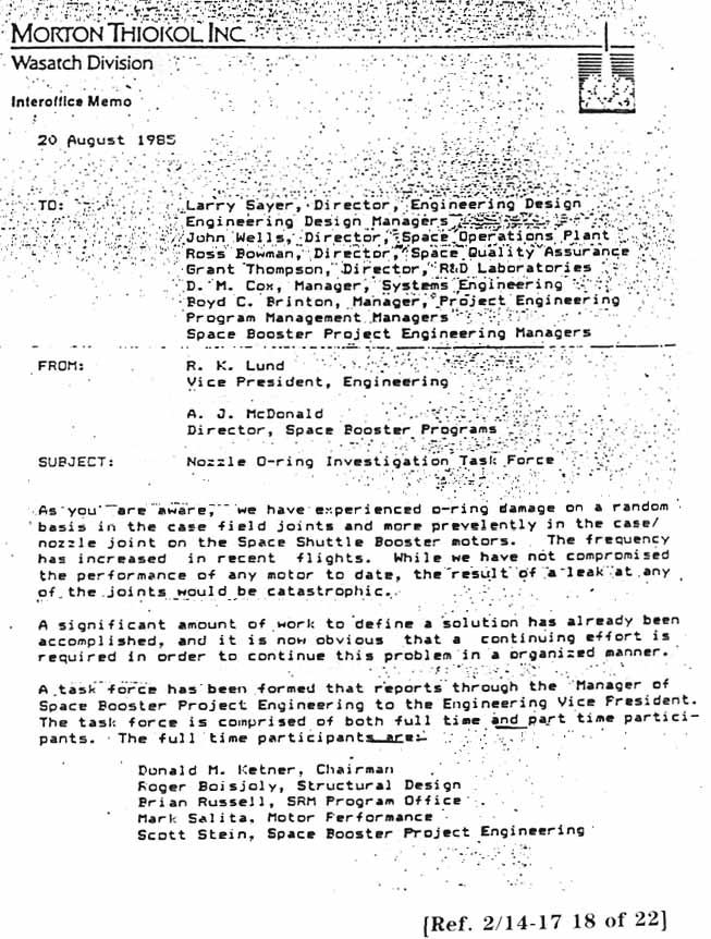 Interoffice Memo, Morton Thiokol, Inc.; From: R. K. Lund to Larry Sayer, John Wells, Ross Bowman, Grant Thompson, D.M. Cox, Boyd C. Brinton. Subject: Nozzle O-ring investigation task force.