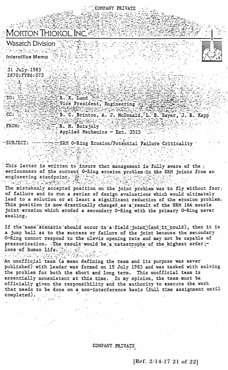 Interoffice Memo, Morton Thiokol, Inc.; From: R. Boisjoly to R.K. Lund. Subject: SRM O-Ring Erosion/Potential Failure Criticality. Dated: 31 July 1985.